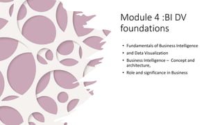 Module 4 :BI DV
foundations
• Fundamentals of Business Intelligence
• and Data Visualization
• Business Intelligence – Concept and
architecture,
• Role and significance in Business
 