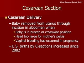 Cesarean Section
 Cesarean Delivery
– Baby removed from uterus through
incision in abdomen when
 Baby is in breech or crosswise position
 Head too large for mother’s pelvis
 Vaginal bleeding has occurred in pregnancy
– U.S. births by C-sections increased since
2002
What Happens During Birth?
 