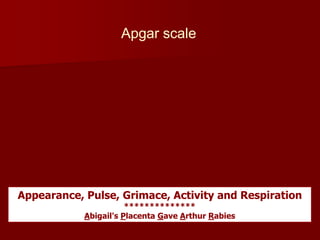 Apgar scale
Appearance, Pulse, Grimace, Activity and Respiration
**************
Abigail's Placenta Gave Arthur Rabies
 