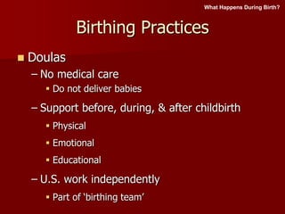 Birthing Practices
 Doulas
– No medical care
 Do not deliver babies
– Support before, during, & after childbirth
 Physical
 Emotional
 Educational
– U.S. work independently
 Part of ‘birthing team’
What Happens During Birth?
 