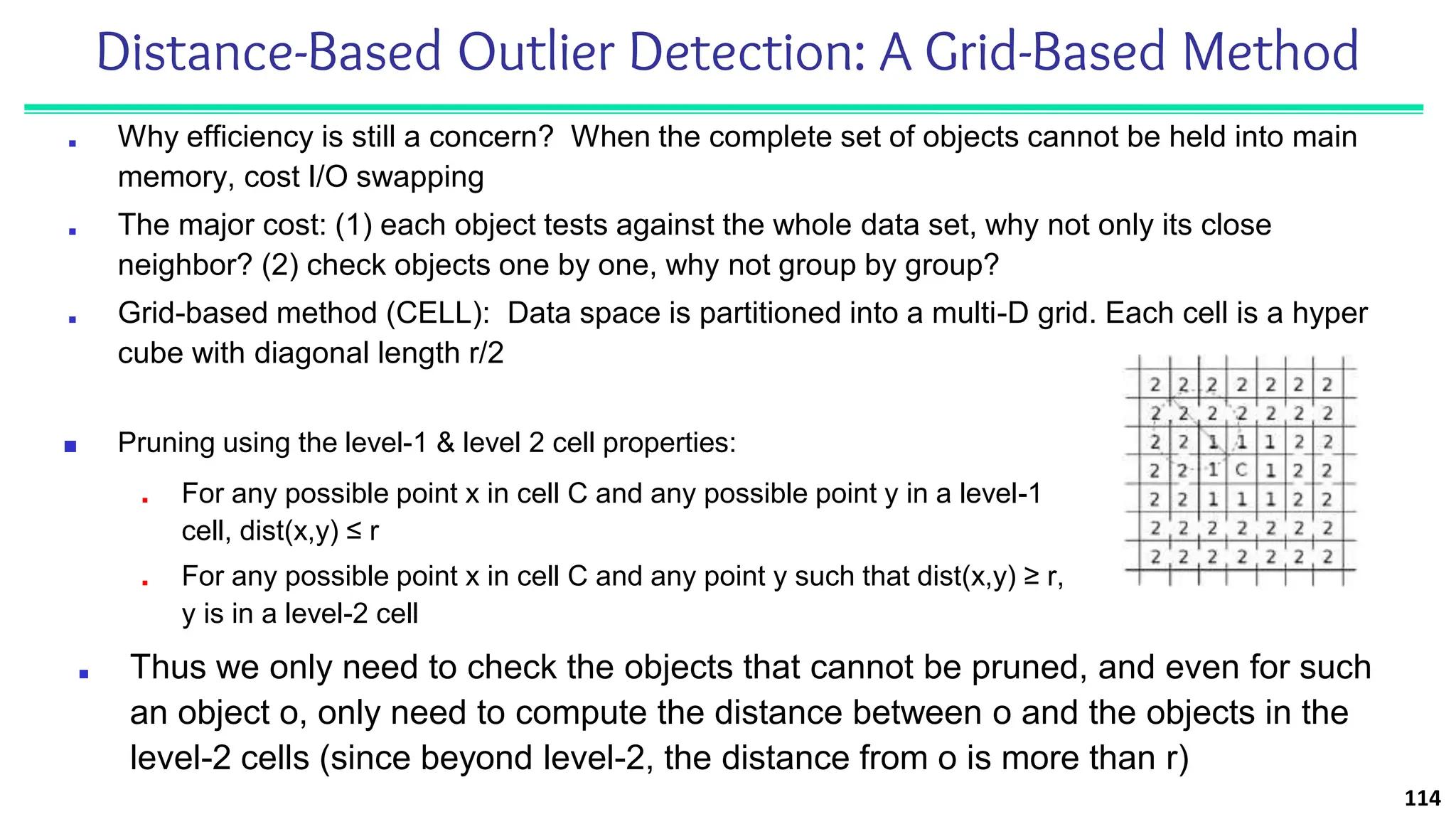Distance-Based Outlier Detection: A Grid-Based Method
■ Why efficiency is still a concern? When the complete set of objects cannot be held into main
memory, cost I/O swapping
■ The major cost: (1) each object tests against the whole data set, why not only its close
neighbor? (2) check objects one by one, why not group by group?
■ Grid-based method (CELL): Data space is partitioned into a multi-D grid. Each cell is a hyper
cube with diagonal length r/2
114
■ Pruning using the level-1 & level 2 cell properties:
■ For any possible point x in cell C and any possible point y in a level-1
cell, dist(x,y) ≤ r
■ For any possible point x in cell C and any point y such that dist(x,y) ≥ r,
y is in a level-2 cell
■ Thus we only need to check the objects that cannot be pruned, and even for such
an object o, only need to compute the distance between o and the objects in the
level-2 cells (since beyond level-2, the distance from o is more than r)
 