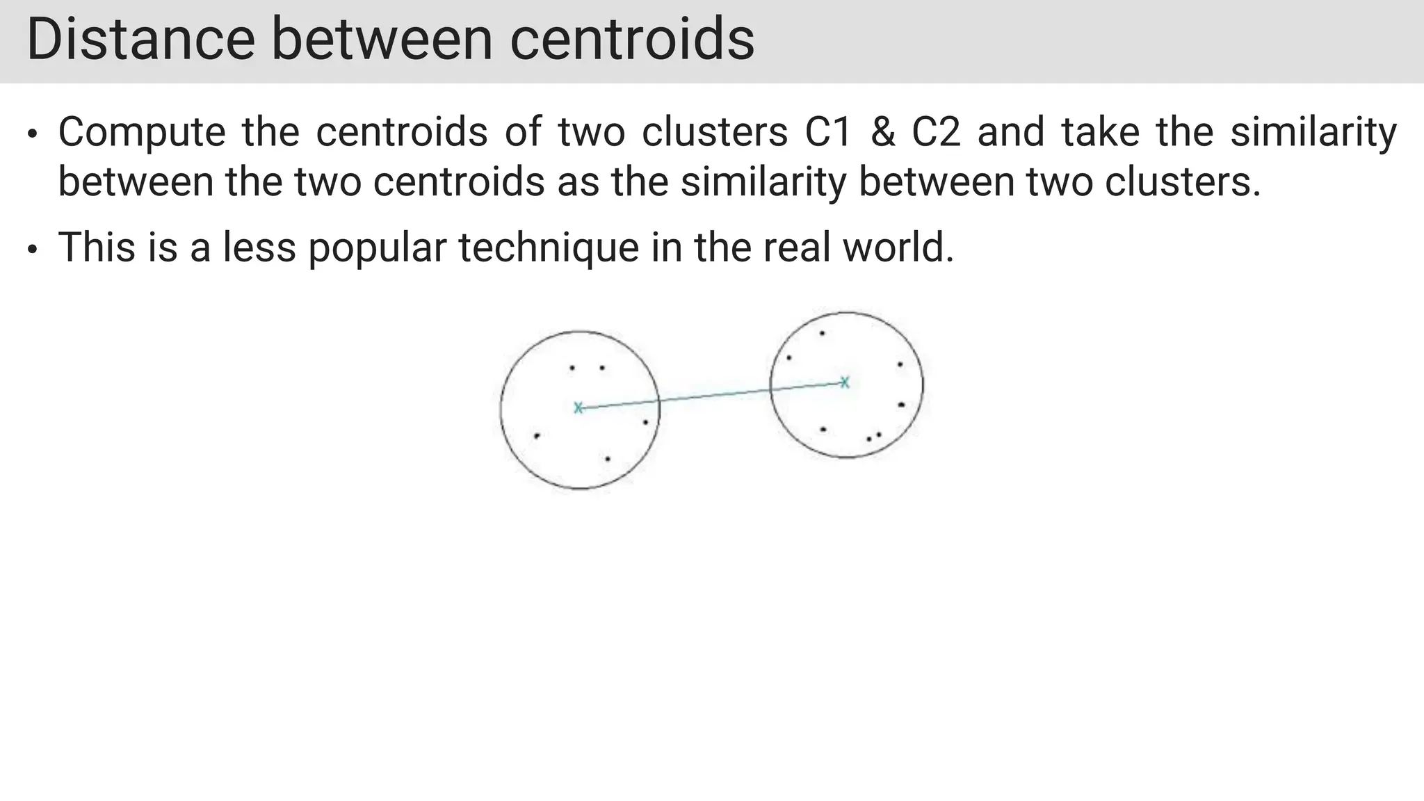 Distance between centroids
• Compute the centroids of two clusters C1 & C2 and take the similarity
between the two centroids as the similarity between two clusters.
• This is a less popular technique in the real world.
 