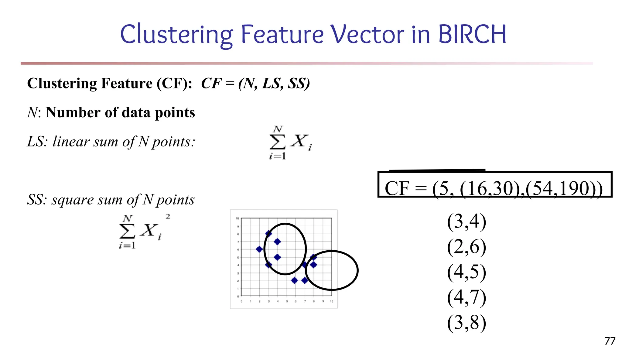 Clustering Feature Vector in BIRCH
Clustering Feature (CF): CF = (N, LS, SS)
N: Number of data points
LS: linear sum of N points:
SS: square sum of N points
CF = (5, (16,30),(54,190))
(3,4)
(2,6)
(4,5)
(4,7)
(3,8)
77
 