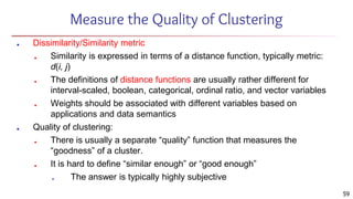 Measure the Quality of Clustering
■ Dissimilarity/Similarity metric
■ Similarity is expressed in terms of a distance function, typically metric:
d(i, j)
■ The definitions of distance functions are usually rather different for
interval-scaled, boolean, categorical, ordinal ratio, and vector variables
■ Weights should be associated with different variables based on
applications and data semantics
■ Quality of clustering:
■ There is usually a separate “quality” function that measures the
“goodness” of a cluster.
■ It is hard to define “similar enough” or “good enough”
■ The answer is typically highly subjective
59
 