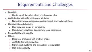 Requirements and Challenges
■ Scalability
■ Clustering all the data instead of only on samples
■ Ability to deal with different types of attributes
■ Numerical, binary, categorical, ordinal, linked, and mixture of these
■ Constraint-based clustering
■ User may give inputs on constraints
■ Use domain knowledge to determine input parameters
■ Interpretability and usability
■ Others
■ Discovery of clusters with arbitrary shape
■ Ability to deal with noisy data
■ Incremental clustering and insensitivity to input order
■ High dimensionality
61
 