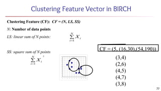 Clustering Feature Vector in BIRCH
Clustering Feature (CF): CF = (N, LS, SS)
N: Number of data points
LS: linear sum of N points:
SS: square sum of N points
CF = (5, (16,30),(54,190))
(3,4)
(2,6)
(4,5)
(4,7)
(3,8)
77
 