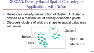 DBSCAN: Density-Based Spatial Clustering of
Applications with Noise
■ Relies on a density-based notion of cluster: A cluster is
defined as a maximal set of density-connected points
■ Discovers clusters of arbitrary shape in spatial databases
with noise
Core
Border
Outlier
Eps = 1cm
MinPts = 5
84
 