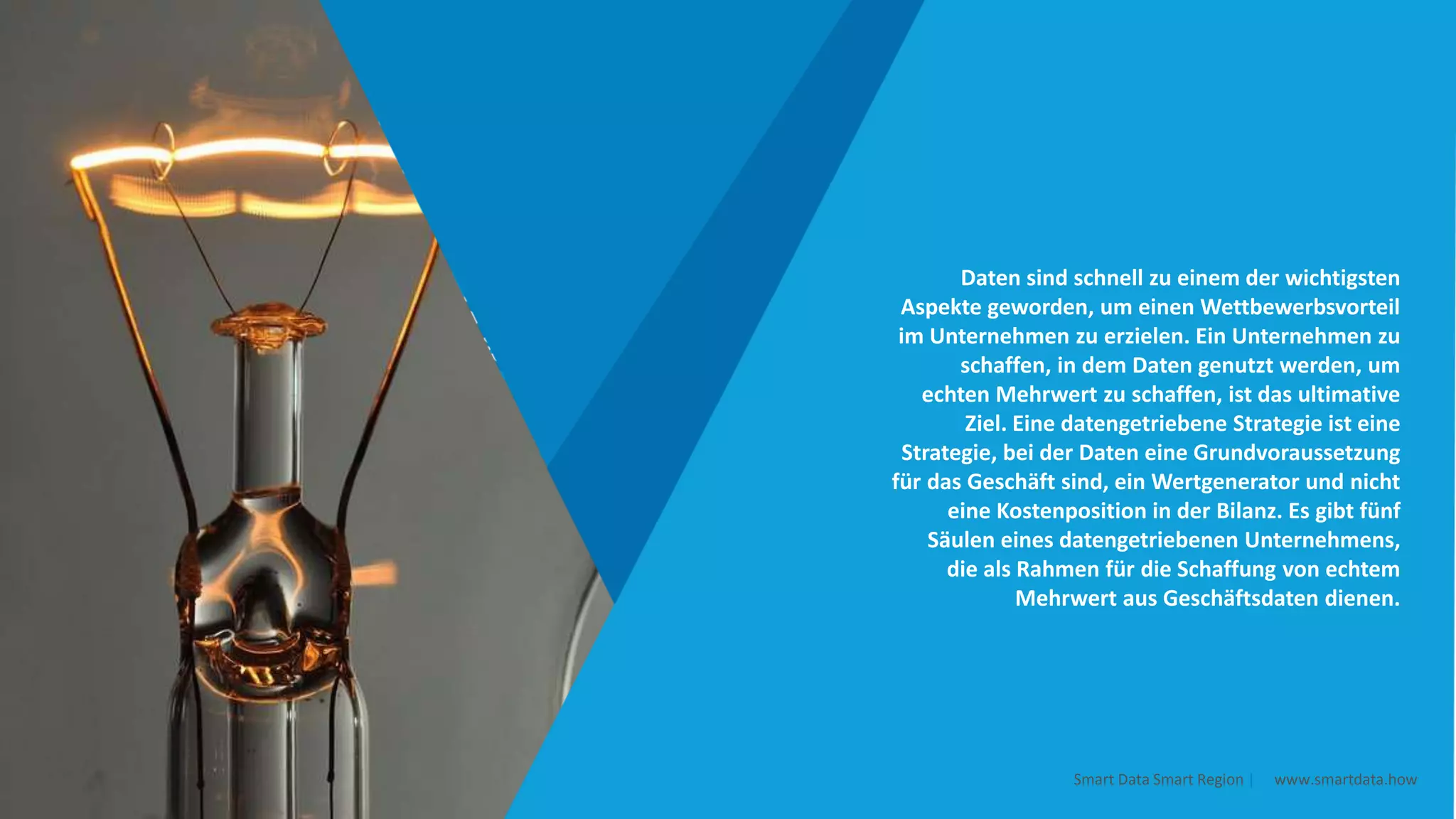 Daten sind schnell zu einem der wichtigsten
Aspekte geworden, um einen Wettbewerbsvorteil
im Unternehmen zu erzielen. Ein Unternehmen zu
schaffen, in dem Daten genutzt werden, um
echten Mehrwert zu schaffen, ist das ultimative
Ziel. Eine datengetriebene Strategie ist eine
Strategie, bei der Daten eine Grundvoraussetzung
für das Geschäft sind, ein Wertgenerator und nicht
eine Kostenposition in der Bilanz. Es gibt fünf
Säulen eines datengetriebenen Unternehmens,
die als Rahmen für die Schaffung von echtem
Mehrwert aus Geschäftsdaten dienen.
Smart Data Smart Region | www.smartdata.how
 