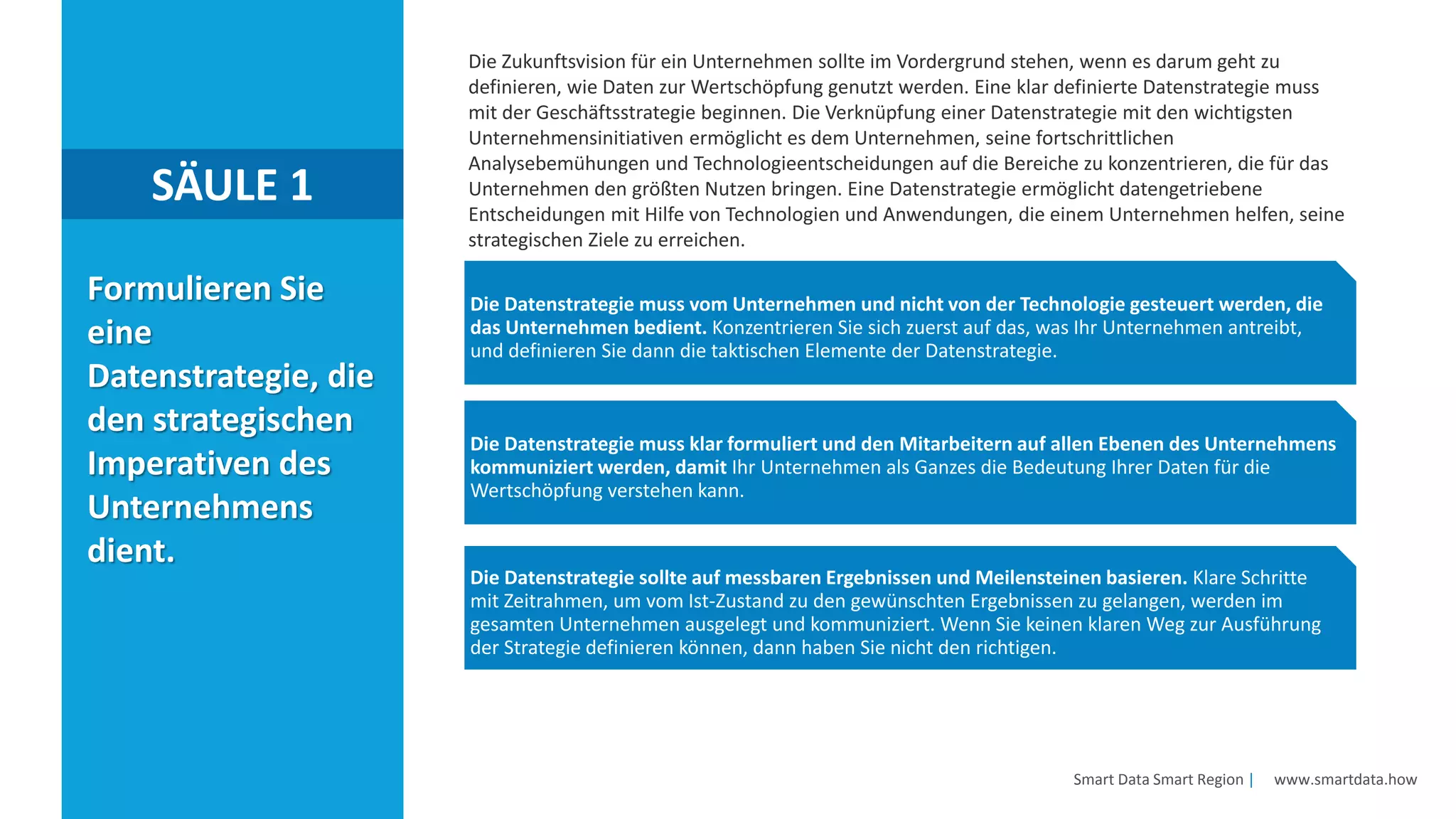 Smart Data Smart Region | www.smartdata.how
Formulieren Sie
eine
Datenstrategie, die
den strategischen
Imperativen des
Unternehmens
dient.
SÄULE 1
Die Zukunftsvision für ein Unternehmen sollte im Vordergrund stehen, wenn es darum geht zu
definieren, wie Daten zur Wertschöpfung genutzt werden. Eine klar definierte Datenstrategie muss
mit der Geschäftsstrategie beginnen. Die Verknüpfung einer Datenstrategie mit den wichtigsten
Unternehmensinitiativen ermöglicht es dem Unternehmen, seine fortschrittlichen
Analysebemühungen und Technologieentscheidungen auf die Bereiche zu konzentrieren, die für das
Unternehmen den größten Nutzen bringen. Eine Datenstrategie ermöglicht datengetriebene
Entscheidungen mit Hilfe von Technologien und Anwendungen, die einem Unternehmen helfen, seine
strategischen Ziele zu erreichen.
Die Datenstrategie muss vom Unternehmen und nicht von der Technologie gesteuert werden, die
das Unternehmen bedient. Konzentrieren Sie sich zuerst auf das, was Ihr Unternehmen antreibt,
und definieren Sie dann die taktischen Elemente der Datenstrategie.
Die Datenstrategie muss klar formuliert und den Mitarbeitern auf allen Ebenen des Unternehmens
kommuniziert werden, damit Ihr Unternehmen als Ganzes die Bedeutung Ihrer Daten für die
Wertschöpfung verstehen kann.
Die Datenstrategie sollte auf messbaren Ergebnissen und Meilensteinen basieren. Klare Schritte
mit Zeitrahmen, um vom Ist-Zustand zu den gewünschten Ergebnissen zu gelangen, werden im
gesamten Unternehmen ausgelegt und kommuniziert. Wenn Sie keinen klaren Weg zur Ausführung
der Strategie definieren können, dann haben Sie nicht den richtigen.
 