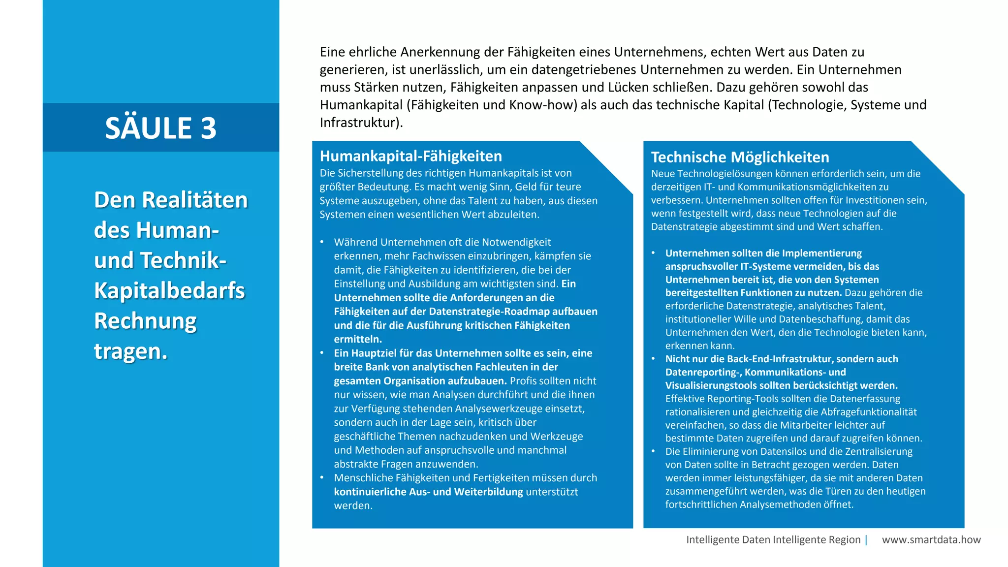 Intelligente Daten Intelligente Region | www.smartdata.how
Den Realitäten
des Human-
und Technik-
Kapitalbedarfs
Rechnung
tragen.
SÄULE 3
Eine ehrliche Anerkennung der Fähigkeiten eines Unternehmens, echten Wert aus Daten zu
generieren, ist unerlässlich, um ein datengetriebenes Unternehmen zu werden. Ein Unternehmen
muss Stärken nutzen, Fähigkeiten anpassen und Lücken schließen. Dazu gehören sowohl das
Humankapital (Fähigkeiten und Know-how) als auch das technische Kapital (Technologie, Systeme und
Infrastruktur).
Humankapital-Fähigkeiten
Die Sicherstellung des richtigen Humankapitals ist von
größter Bedeutung. Es macht wenig Sinn, Geld für teure
Systeme auszugeben, ohne das Talent zu haben, aus diesen
Systemen einen wesentlichen Wert abzuleiten.
• Während Unternehmen oft die Notwendigkeit
erkennen, mehr Fachwissen einzubringen, kämpfen sie
damit, die Fähigkeiten zu identifizieren, die bei der
Einstellung und Ausbildung am wichtigsten sind. Ein
Unternehmen sollte die Anforderungen an die
Fähigkeiten auf der Datenstrategie-Roadmap aufbauen
und die für die Ausführung kritischen Fähigkeiten
ermitteln.
• Ein Hauptziel für das Unternehmen sollte es sein, eine
breite Bank von analytischen Fachleuten in der
gesamten Organisation aufzubauen. Profis sollten nicht
nur wissen, wie man Analysen durchführt und die ihnen
zur Verfügung stehenden Analysewerkzeuge einsetzt,
sondern auch in der Lage sein, kritisch über
geschäftliche Themen nachzudenken und Werkzeuge
und Methoden auf anspruchsvolle und manchmal
abstrakte Fragen anzuwenden.
• Menschliche Fähigkeiten und Fertigkeiten müssen durch
kontinuierliche Aus- und Weiterbildung unterstützt
werden.
Technische Möglichkeiten
Neue Technologielösungen können erforderlich sein, um die
derzeitigen IT- und Kommunikationsmöglichkeiten zu
verbessern. Unternehmen sollten offen für Investitionen sein,
wenn festgestellt wird, dass neue Technologien auf die
Datenstrategie abgestimmt sind und Wert schaffen.
• Unternehmen sollten die Implementierung
anspruchsvoller IT-Systeme vermeiden, bis das
Unternehmen bereit ist, die von den Systemen
bereitgestellten Funktionen zu nutzen. Dazu gehören die
erforderliche Datenstrategie, analytisches Talent,
institutioneller Wille und Datenbeschaffung, damit das
Unternehmen den Wert, den die Technologie bieten kann,
erkennen kann.
• Nicht nur die Back-End-Infrastruktur, sondern auch
Datenreporting-, Kommunikations- und
Visualisierungstools sollten berücksichtigt werden.
Effektive Reporting-Tools sollten die Datenerfassung
rationalisieren und gleichzeitig die Abfragefunktionalität
vereinfachen, so dass die Mitarbeiter leichter auf
bestimmte Daten zugreifen und darauf zugreifen können.
• Die Eliminierung von Datensilos und die Zentralisierung
von Daten sollte in Betracht gezogen werden. Daten
werden immer leistungsfähiger, da sie mit anderen Daten
zusammengeführt werden, was die Türen zu den heutigen
fortschrittlichen Analysemethoden öffnet.
 