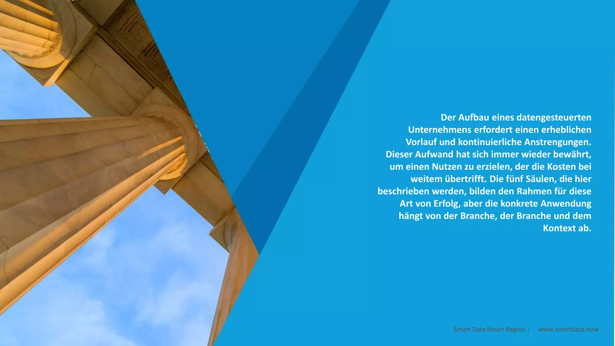 Der Aufbau eines datengesteuerten
Unternehmens erfordert einen erheblichen
Vorlauf und kontinuierliche Anstrengungen.
Dieser Aufwand hat sich immer wieder bewährt,
um einen Nutzen zu erzielen, der die Kosten bei
weitem übertrifft. Die fünf Säulen, die hier
beschrieben werden, bilden den Rahmen für diese
Art von Erfolg, aber die konkrete Anwendung
hängt von der Branche, der Branche und dem
Kontext ab.
Smart Data Smart Region | www.smartdata.how
 