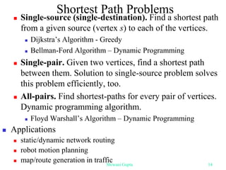 Shortest Path Problems
 Single-source (single-destination). Find a shortest path
from a given source (vertex s) to each of the vertices.
 Dijkstra’s Algorithm - Greedy
 Bellman-Ford Algorithm – Dynamic Programming
 Single-pair. Given two vertices, find a shortest path
between them. Solution to single-source problem solves
this problem efficiently, too.
 All-pairs. Find shortest-paths for every pair of vertices.
Dynamic programming algorithm.
 Floyd Warshall’s Algorithm – Dynamic Programming
 Applications
 static/dynamic network routing
 robot motion planning
 map/route generation in traffic
Shiwani Gupta 14
 