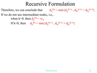 Recursive Formulation
Therefore, we can conclude that dij
(k) = min{dij
(k-1) , dik
(k-1) + dkj
(k-1)}
If we do not use intermediate nodes, i.e.,
when k=0, then dij
(0) = wij
If k>0, then dij
(k) = min{dij
(k-1) , dik
(k-1) + dkj
(k-1)}
Shiwani Gupta 22
 