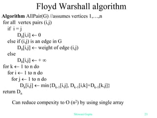Floyd Warshall algorithm
Algorithm AllPair(G) //assumes vertices 1,…,n
for all vertex pairs (i,j)
if i = j
D0[i,i]  0
else if (i,j) is an edge in G
D0[i,j]  weight of edge (i,j)
else
D0[i,j]  + 
for k  1 to n do
for i  1 to n do
for j  1 to n do
Dk[i,j]  min{Dk-1[i,j], Dk-1[i,k]+Dk-1[k,j]}
return Dn
Can reduce compexity to O (n2) by using single array
Shiwani Gupta 23
 