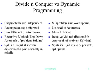 Divide n Conquer vs Dynamic
Programming
 Subproblems are independent
 Recomputations performed
 Less Efficient due to rework
 Recursive Method (Top Down
Approach of problem Solving)
 Splits its input at specific
deterministic points usually in
middle
 Subproblems are overlapping
 No need to recompute
 More Efficient
 Iterative Method (Bottom Up
Approach of problem Solving)
 Splits its input at every possible
split point
Shiwani Gupta 3
 