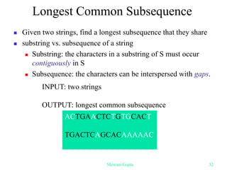 Longest Common Subsequence
 Given two strings, find a longest subsequence that they share
 substring vs. subsequence of a string
 Substring: the characters in a substring of S must occur
contiguously in S
 Subsequence: the characters can be interspersed with gaps.
INPUT: two strings
OUTPUT: longest common subsequence
ACTGAACTCTGTGCACT
TGACTCAGCACAAAAAC
Shiwani Gupta 32
 