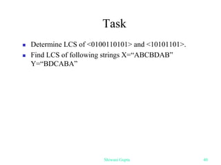 Task
 Determine LCS of <0100110101> and <10101101>.
 Find LCS of following strings X=“ABCBDAB”
Y=“BDCABA”
Shiwani Gupta 40
 