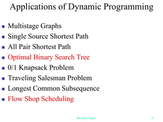 Applications of Dynamic Programming
 Multistage Graphs
 Single Source Shortest Path
 All Pair Shortest Path
 Optimal Binary Search Tree
 0/1 Knapsack Problem
 Traveling Salesman Problem
 Longest Common Subsequence
 Flow Shop Scheduling
Shiwani Gupta 6
 