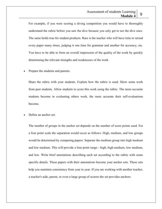 Assessment of students Learning
Module 4

29

For example, if you were scoring a diving competition you would have to thoroughly
understand the rubric before you saw the dive because you only get to see the dive once.
The same holds true for student products. Rare is the teacher who will have time to reread
every paper many times, judging it one time for grammar and another for accuracy, etc.
You have to be able to form an overall impression of the quality of the work by quickly
determining the relevant strengths and weaknesses of the work.

Prepare the students and parents.

Share the rubric with your students. Explain how the rubric is used. Show some work
from past students. Allow students to score this work using the rubric. The more accurate
students become in evaluating others work, the more accurate their self-evaluations
become.

Define an anchor set.

The number of groups in the anchor set depends on the number of score points used. For
a four point scale the separation would occur as follows: High, medium, and low groups
would be determined by comparing papers. Separate the medium group into high medium
and low medium. This will provide a four point range—high, high medium, low medium,
and low. Write brief annotations describing each set according to the rubric with some
specific details. These papers with their annotations become your anchor sets. These sets
help you maintain consistency from year to year. If you are working with another teacher,
a teacher's aide, parent, or even a large group of scorers the set provides anchors.

 