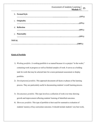 Assessment of students Learning
Module 4

2
25

b. Format/Style
…………………………………………………................................…………….…(15%)
c. Originality
………………………………………………………………………………..……..(15%)
d. Reflection
………………………………………………………………………………………(10%)
e. Punctuality
……………………………………………………………..………………………..(10%)
TOTAL
…………………………………………………………………..………………………..(100%)

Kinds of Portfolio

1) Working portfolio. A working portfolio is so named because it is a project ―in the works,‖
containing work in progress as well as finished samples of work. It serves as a holding
tank for work that may be selected later for a more permanent assessment or display
portfolio.
2) Developmental portfolio. This approach documents all facets or phases of the learning
process. They are particularly useful in documenting students' overall learning process.

3) Documentary portfolio. This type involves a collection of work over time showing
growth and improvement reflecting students' learning of identified outcomes.
4) Showcase portfolio. This type of portfolio is best used for summative evaluation of
students' mastery of key curriculum outcomes. It should include students' very best work,

 