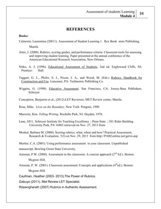 Assessment of students Learning
Module 4

234

REFERENCES
Books:
Calmorin, Laurentina (20011). Assessment of Student Learning 1. Rex Book store Publishing,
Manila
Arter, J. (2000). Rubrics, scoring guides, and performance criteria: Classroom tools for assessing
and improving student learning. Paper presented at the annual conference of the
American Educational Research Association, New Orleans.
Nitko, A. J. (1996). Educational Assessment of Students, 2nd ed. Englewood Cliffs, NJ:
PrenticeHall.
Taggart, G. L., Phifer, S. J., Nixon, J. A., and Wood, M. (Eds.) Rubrics: Handbook for
Construction and Use. Lancaster, PA: Technomic Publishing Co.
Wiggins, G. (1998). Educative Assessment. San Francisco, CA: Jossey-Bass Publishers.
Schreyer
Conception, Benjamin et al., (2012).LET Reviewer, MET Review center, Manila.
Rose, Mike. Lives on the Boundary. New York: Penguin, 1990
Macrorie, Ken. Telling Writing. Rochelle Park, NJ: Hayden, 1976.
Lane, Jill L. Schreyer Institute for Teaching Excellence � enn State � 01 Rider Building
P
3
University Park, PA 16802 retrieved on Nov. 27, 2013 from
Moskal, Barbara M. (2000). Scoring rubrics: what, when and how? Practical Assessment,
Research & Evaluation, 7(3) on Nov. 29, 2013 from http://PAREonline.net/getvn.asp
Mertler, C.A. (2001). Using performance assessment in your classroom. Unpublished
manuscript, Bowling Green State University.
Airasian, P.W. (2000). Assessment in the classroom: A concise approach (2nd Ed.). Boston:
Mcgraw-Hill.
Airasian, P. W. (2001). Classroom assessment: Concepts and applications (4thed.). Boston:
Mcgraw-Hill.
Caufman, Heather (2003- 2013).The Power of Rubrics.
Gabuyo (2011). Met Review LET Specialist.
Ritasingharath (2007) Rubrics in Authentic Assessment.

 