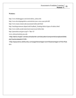 Assessment of students Learning
Module 4

2
35

Websites:

http://www.thinkinggear.com/tools/rubrics_about.cfm
http://www.developingrubrics.com/articles/your-voice-your-job-669
http://www.music.miami.edu/assessment/rubricsdef.html
http://teachingcommons.depaul.edu/Feedback_Grading/rubrics/types-of-rubrics.html
http://www.uleth.ca/edu/runte/tests/cones/score/rubric.htm
http://pareonline.net/getvn.asp?v=7&n=25
www.schreyerinstitute.psu.edu
<http://demo.4vqzl21.remote.schoolcenter.com/education/components/scrapbook/defal.
php?sectiondetailid=5128>.
<http://epsyrubrics.wikifoundry.com/page/Advantages+and+Disadvantages+of+the+Rub
ric>.

 
