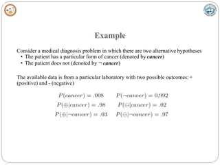Example
Consider a medical diagnosis problem in which there are two alternative hypotheses
• The patient has a particular form of cancer (denoted by cancer)
• The patient does not (denoted by ¬ cancer)
The available data is from a particular laboratory with two possible outcomes: +
(positive) and - (negative)
 