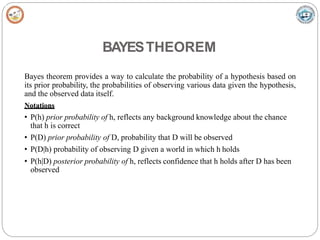 BAYESTHEOREM
Bayes theorem provides a way to calculate the probability of a hypothesis based on
its prior probability, the probabilities of observing various data given the hypothesis,
and the observed data itself.
Notations
• P(h) prior probability of h, reflects any background knowledge about the chance
that h is correct
• P(D) prior probability of D, probability that D will be observed
• P(D|h) probability of observing D given a world in which h holds
• P(h|D) posterior probability of h, reflects confidence that h holds after D has been
observed
 