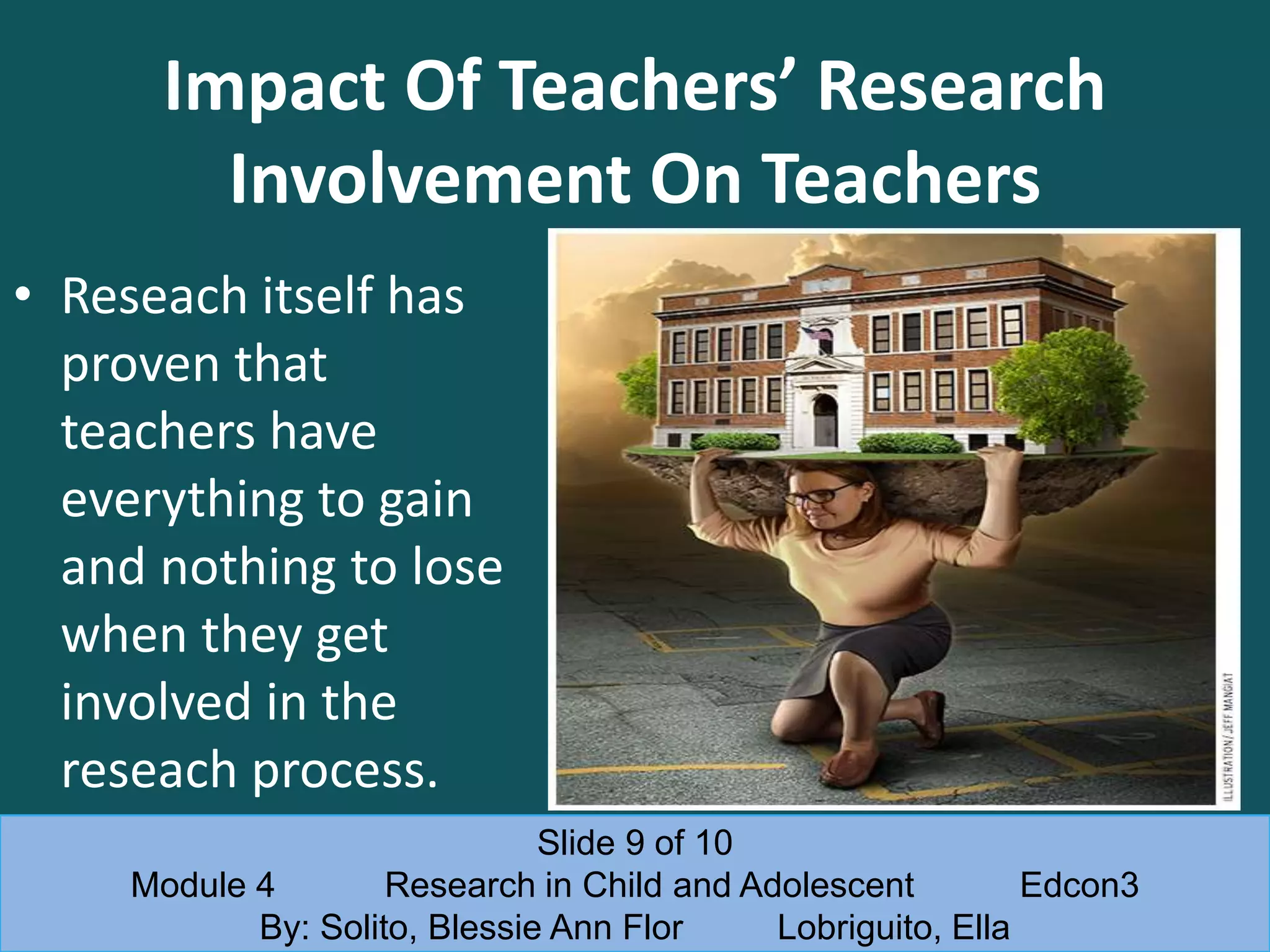 Impact Of Teachers’ Research
Involvement On Teachers
• Reseach itself has
proven that
teachers have
everything to gain
and nothing to lose
when they get
involved in the
reseach process.
Slide 9 of 10
Module 4 Research in Child and Adolescent Edcon3
By: Solito, Blessie Ann Flor Lobriguito, Ella
 