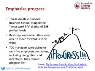 • Teresa Amabile, Harvard
Business School: studied the
"inner work life" diaries of 238
professionals
• Best days were whe...
