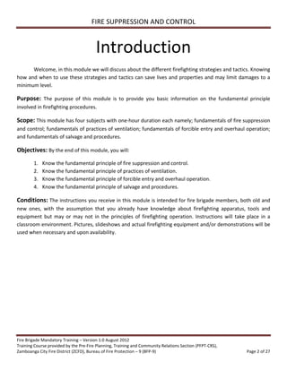 Volunteer Fire Brigade Training Module 4 fire suppression and control | PDF