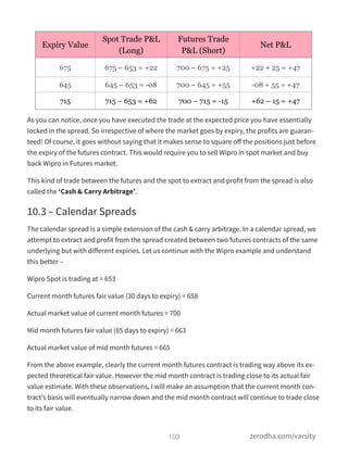As you can notice, once you have executed the trade at the expected price you have essentially
locked in the spread. So irrespective of where the market goes by expiry, the profits are guaran-
teed! Of course, it goes without saying that it makes sense to square oﬀ the positions just before
the expiry of the futures contract. This would require you to sell Wipro in spot market and buy
back Wipro in Futures market.
This kind of trade between the futures and the spot to extract and profit from the spread is also
called the ‘Cash & Carry Arbitrage’.
10.3 – Calendar Spreads
The calendar spread is a simple extension of the cash & carry arbitrage. In a calendar spread, we
attempt to extract and profit from the spread created between two futures contracts of the same
underlying but with diﬀerent expiries. Let us continue with the Wipro example and understand
this better –
Wipro Spot is trading at = 653
Current month futures fair value (30 days to expiry) = 658
Actual market value of current month futures = 700
Mid month futures fair value (65 days to expiry) = 663
Actual market value of mid month futures = 665
From the above example, clearly the current month futures contract is trading way above its ex-
pected theoretical fair value. However the mid month contract is trading close to its actual fair
value estimate. With these observations, I will make an assumption that the current month con-
tract’s basis will eventually narrow down and the mid month contract will continue to trade close
to its fair value.
103 zerodha.com/varsity
Expiry Value
Spot Trade P&L
(Long)
Futures Trade
P&L (Short)
Net P&L
675 675 – 653 = +22 700 – 675 = +25 +22 + 25 = +47
645 645 – 653 = -08 700 – 645 = +55 -08 + 55 = +47
715 715 – 653 = +62 700 – 715 = -15 +62 – 15 = +47
 