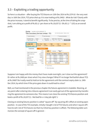3.3 – Exploiting a trading opportunity
So here is a situation – after buying the TCS futures on 15th Dec 2014 at Rs.2374.9/- the very next
day i.e 16th Dec 2014, TCS price shot up. It is now trading at Rs.2460/-. What do I do? Clearly with
the price increase, I stand to benefit significantly. To be precise, at the time of taking the snap-
shot, I am sitting at a profit of Rs.85.1/- per share or Rs.10,637.5/- (Rs.85.1/- * 125) as an overall
profit.
Suppose I am happy with the money that I have made overnight, can I close out the agreement?
Or rather at Rs.2460 per share what if my view changes? What if I no longer feel bullish about TCS
at Rs.2460? Do I really need to hold on to the agreement until the contract expiry date i.e. 24th
Dec 2014, by which time if the price goes down it could lead to a loss?
Well, as I had mentioned in the previous chapter the futures agreement is tradable. Meaning, at
any point after entering into a futures agreement I can easily get out of the agreement by transfer-
ring the agreement to someone else. This means I can close the existing TCS futures position and
book a profit of Rs.10,637.5/-. Not bad for a 1 day job right? J
Closing an existing futures position is called “square oﬀ”. By squaring oﬀ, I oﬀset an existing open
position.  In case of the TCS example, initially I bought 1 lot of TCS futures and when I square oﬀ I
have to sell 1 lot of TCS futures (so that my initial buy position is oﬀset). The following table sum-
marizes the concept of square oﬀ in general –
22 zerodha.com/varsity
 