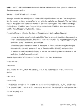 tion 2 – Buy TCS futures from the Derivatives market. Let us evaluate each option to understand
the respective dynamics.
Option 1 – Buy TCS Stock in spot market
Buying TCS in spot market requires us to check for the price at which the stock is trading, calcu-
late the number of stocks we can aﬀord to buy (with the capital at our disposal). After buying the
stock in the spot market we have to wait for at least two working days (T+2) for the stock to get
credited to our DEMAT account. Once the stocks resides in the DEMAT account we just have to
wait for the right opportunity to sell the stocks.
Few salient features of buying the stock in the spot market (delivery based buying) –
1. Once we buy the stock (for delivery to DEMAT) we have to wait for at least 2 working days
before we can decide to sell it. This means even if the very next day if a good opportunity to
sell comes up, we cannot really sell the stock
2. We can buy the stock to the extent of the capital at our disposal. Meaning if our dispos-
able cash is Rs.100,000/- we can only buy to the extent of Rs.100,000/- not beyond this
3. There is no pressure of time – as long as one has the time and patience one can wait for
really long time before deciding to sell
Specifically with Rs.100,000/- at our disposal, on 15th Dec 2014 we can buy –
= 100,000 / 2362
~ 42 shares
Now, on 23rd Dec 2014, when TCS is trading at Rs.2519/- we can square oﬀ the position for a
profit –
= 42 * 2519
= Rs.105,798/-
So Rs.100,000/- invested in TCS on 14th Dec 2014 has now turned into Rs.105,798/- on 23rd Dec
2014, generating Rs.5,798/- in profits. Interesting, let us check the return generated by this trade –
= [5798/100,000] * 100
= 5.79 %
30 zerodha.com/varsity
 