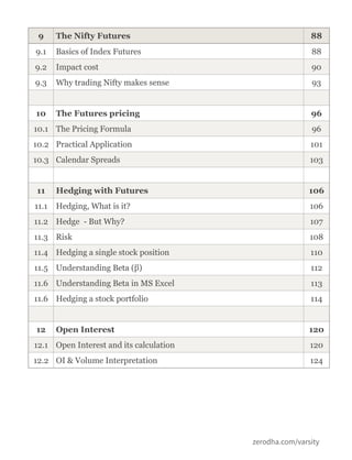 zerodha.com/varsity
9 The Nifty Futures 88
9.1 Basics of Index Futures 88
9.2 Impact cost 90
9.3 Why trading Nifty makes sense 93
10 The Futures pricing 96
10.1 The Pricing Formula 96
10.2 Practical Application 101
10.3 Calendar Spreads 103
11 Hedging with Futures 106
11.1 Hedging, What is it? 106
11.2 Hedge - But Why? 107
11.3 Risk 108
11.4 Hedging a single stock position 110
11.5 Understanding Beta (β) 112
11.6 Understanding Beta in MS Excel 113
11.6 Hedging a stock portfolio 114
12 Open Interest 120
12.1 Open Interest and its calculation 120
12.2 OI & Volume Interpretation 124
 
