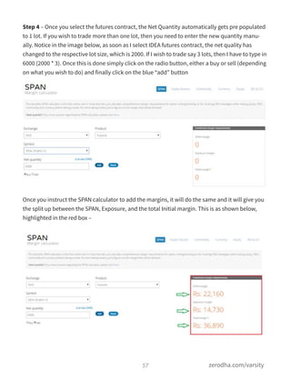 Step 4 – Once you select the futures contract, the Net Quantity automatically gets pre populated
to 1 lot. If you wish to trade more than one lot, then you need to enter the new quantity manu-
ally. Notice in the image below, as soon as I select IDEA futures contract, the net quality has
changed to the respective lot size, which is 2000. If I wish to trade say 3 lots, then I have to type in
6000 (2000 * 3). Once this is done simply click on the radio button, either a buy or sell (depending
on what you wish to do) and finally click on the blue “add” button
Once you instruct the SPAN calculator to add the margins, it will do the same and it will give you
the split up between the SPAN, Exposure, and the total Initial margin. This is as shown below,
highlighted in the red box –
57 zerodha.com/varsity
 