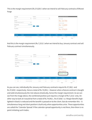 This is the margin requirement (Rs.37,629/-) when we intend to sell February contracts of Bharat
Forge
And this is the margin requirement (Rs.7,213/-) when we intend to buy January contract and sell
February contract simultaneously.
As you can see, individually the January and February contracts require Rs.37,362/- and
Rs.37,629/- respectively. Hence a total of Rs.74,991/-. However when a futures contract is bought
and sold simultaneously the risk reduces drastically, hence the margin requirement. As we can
see from the image above, the combined position just requires a margin of Rs.7,213/- only. An-
other way to look at it would be from a total of Rs.74,991/-, Rs.67,658/- i.e. Margin Benefit (high-
lighted in black) is reduced and the benefit is passed on to the client. But do remember this – A
simultaneous long and short position is built only when opportunities arise. These opportunities
are called the ‘Calendar Spread’. If the calendar spread opportunity is not there, then there is no
point initiating such trades.
65 zerodha.com/varsity
 