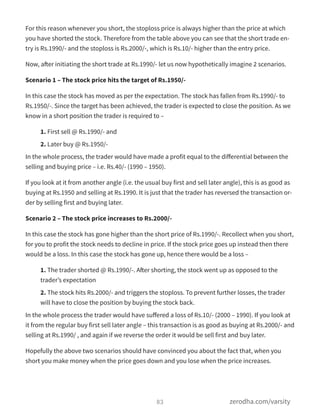 For this reason whenever you short, the stoploss price is always higher than the price at which
you have shorted the stock. Therefore from the table above you can see that the short trade en-
try is Rs.1990/- and the stoploss is Rs.2000/-, which is Rs.10/- higher than the entry price.
Now, after initiating the short trade at Rs.1990/- let us now hypothetically imagine 2 scenarios.
Scenario 1 – The stock price hits the target of Rs.1950/-
In this case the stock has moved as per the expectation. The stock has fallen from Rs.1990/- to
Rs.1950/-. Since the target has been achieved, the trader is expected to close the position. As we
know in a short position the trader is required to –
1. First sell @ Rs.1990/- and
2. Later buy @ Rs.1950/-
In the whole process, the trader would have made a profit equal to the diﬀerential between the
selling and buying price – i.e. Rs.40/- (1990 – 1950).
If you look at it from another angle (i.e. the usual buy first and sell later angle), this is as good as
buying at Rs.1950 and selling at Rs.1990. It is just that the trader has reversed the transaction or-
der by selling first and buying later.
Scenario 2 – The stock price increases to Rs.2000/-
In this case the stock has gone higher than the short price of Rs.1990/-. Recollect when you short,
for you to profit the stock needs to decline in price. If the stock price goes up instead then there
would be a loss. In this case the stock has gone up, hence there would be a loss –
1. The trader shorted @ Rs.1990/-. After shorting, the stock went up as opposed to the
trader’s expectation
2. The stock hits Rs.2000/- and triggers the stoploss. To prevent further losses, the trader
will have to close the position by buying the stock back.
In the whole process the trader would have suﬀered a loss of Rs.10/- (2000 – 1990). If you look at
it from the regular buy first sell later angle – this transaction is as good as buying at Rs.2000/- and
selling at Rs.1990/ , and again if we reverse the order it would be sell first and buy later.
Hopefully the above two scenarios should have convinced you about the fact that, when you
short you make money when the price goes down and you lose when the price increases.
83 zerodha.com/varsity
 