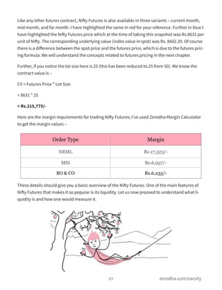 Like any other futures contract, Nifty Futures is also available in three variants – current month,
mid month, and far month. I have highlighted the same in red for your reference. Further in blue I
have highlighted the Nifty Futures price which at the time of taking this snapshot was Rs.8631 per
unit of Nifty. The corresponding underlying value (index value in spot) was Rs. 8602.29. Of course
there is a diﬀerence between the spot price and the futures price, which is due to the futures pric-
ing formula. We will understand the concepts related to futures pricing in the next chapter.
Further, if you notice the lot size here is 25 (this has been reduced to 25 from 50). We know the
contract value is –
CV = Futures Price * Lot Size
= 8631 * 25
= Rs.215,775/-
Here are the margin requirements for trading Nifty Futures; I’ve used Zerodha Margin Calculator
to get the margin values –
These details should give you a basic overview of the Nifty Futures. One of the main features of
Nifty Futures that makes it so popular is its liquidity. Let us now proceed to understand what li-
quidity is and how one would measure it.
89 zerodha.com/varsity
Order Type Margin
NRML Rs.17,323/-
MIS Rs.6,937/-
BO & CO Rs.6,233/-
 