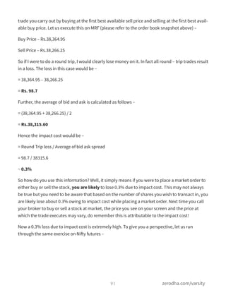 trade you carry out by buying at the first best available sell price and selling at the first best avail-
able buy price. Let us execute this on MRF (please refer to the order book snapshot above) –
Buy Price – Rs.38,364.95
Sell Price – Rs.38,266.25
So if I were to do a round trip, I would clearly lose money on it. In fact all round – trip trades result
in a loss. The loss in this case would be –
= 38,364.95 – 38,266.25
= Rs. 98.7
Further, the average of bid and ask is calculated as follows –
= (38,364.95 + 38,266.25) / 2
= Rs.38,315.60
Hence the impact cost would be –
= Round Trip loss / Average of bid ask spread
= 98.7 / 38315.6
~ 0.3%
So how do you use this information? Well, it simply means if you were to place a market order to
either buy or sell the stock, you are likely to lose 0.3% due to impact cost. This may not always
be true but you need to be aware that based on the number of shares you wish to transact in, you
are likely lose about 0.3% owing to impact cost while placing a market order. Next time you call
your broker to buy or sell a stock at market, the price you see on your screen and the price at
which the trade executes may vary, do remember this is attributable to the impact cost!
Now a 0.3% loss due to impact cost is extremely high. To give you a perspective, let us run
through the same exercise on Nifty futures –
91 zerodha.com/varsity
 