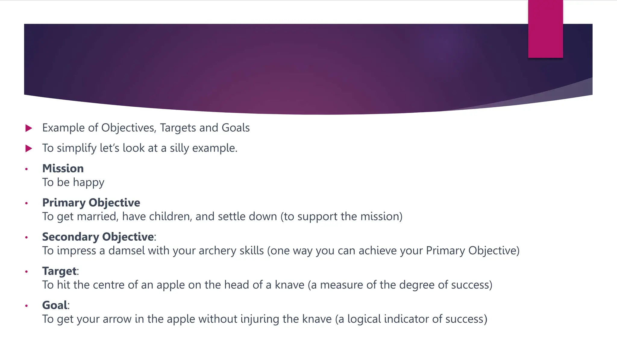  Example of Objectives, Targets and Goals
 To simplify let’s look at a silly example.
• Mission
To be happy
• Primary Objective
To get married, have children, and settle down (to support the mission)
• Secondary Objective:
To impress a damsel with your archery skills (one way you can achieve your Primary Objective)
• Target:
To hit the centre of an apple on the head of a knave (a measure of the degree of success)
• Goal:
To get your arrow in the apple without injuring the knave (a logical indicator of success)
 