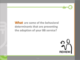 19
What are some of the behavioral
determinants that are preventing
the adoption of your BB service?
4.19
 