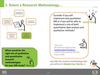 4.30
3. Select a Research Methodology…
Consider if you will
implement only qualitative
MR or if you will be able to
implement a mix of both
quantitative data analysis and
qualitative methods?
Describe the research methodology that
you will use in Module Four Tool No. 1
What would be the
right mix of qualitative
and quantitative
research
methodologies
for your MR study?
Check out:
Microfinance Opportunities.
Implementation Guidance.
Financial Education for the Poor
Project 2006.
1. Identify the
MR Objectives
2. Select the
Target Market
3. Select a
Research
Methodology
4. Outline Key
Research
Questions
5. Develop the
Sampling &
Segmentation
 