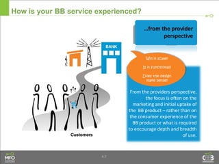 4.7
How is your BB service experienced?
…from the provider
perspective
Will it scale?
Is it functional?
Does the design
make sense?
From the providers perspective,
the focus is often on the
marketing and initial uptake of
the BB product – rather than on
the consumer experience of the
BB product or what is required
to encourage depth and breadth
of use.
 
