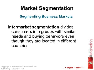 Market Segmentation Intermarket segmentation  divides consumers into groups with similar needs and buying behaviors even though they are located in different countries Segmenting Business Markets 