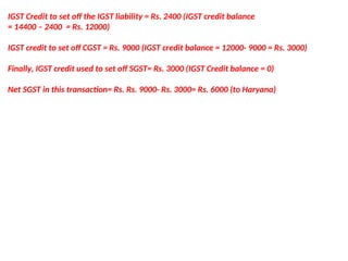 IGST Credit to set off the IGST liability = Rs. 2400 (IGST credit balance
= 14400 – 2400 = Rs. 12000)
IGST credit to set off CGST = Rs. 9000 (IGST credit balance = 12000- 9000 = Rs. 3000)
Finally, IGST credit used to set off SGST= Rs. 3000 (IGST Credit balance = 0)
Net SGST in this transaction= Rs. Rs. 9000- Rs. 3000= Rs. 6000 (to Haryana)
 