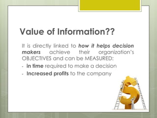 Value of Information??
It is directly linked to how it helps decision
makers
achieve
their
organization’s
OBJECTIVES and can be MEASURED:
- in time required to make a decision
- Increased profits to the company

 