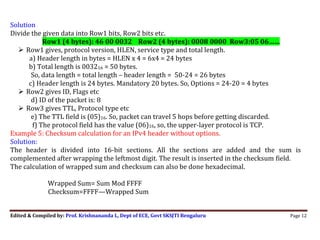 Edited & Compiled by: Prof. Krishnananda L, Dept of ECE, Govt SKSJTI Bengaluru Page 12
Solution
Divide the given data into Row1 bits, Row2 bits etc.
Row1 (4 bytes): 46 00 0032 Row2 (4 bytes): 0008 0000 Row3:05 06……
 Row1 gives, protocol version, HLEN, service type and total length.
a) Header length in bytes = HLEN x 4 = 6x4 = 24 bytes
b) Total length is 003216 = 50 bytes.
So, data length = total length – header length = 50-24 = 26 bytes
c) Header length is 24 bytes. Mandatory 20 bytes. So, Options = 24-20 = 4 bytes
 Row2 gives ID, Flags etc
d) ID of the packet is: 8
 Row3 gives TTL, Protocol type etc
e) The TTL field is (05)16. So, packet can travel 5 hops before getting discarded.
f) The protocol field has the value (06)16, so, the upper-layer protocol is TCP.
Example 5: Checksum calculation for an IPv4 header without options.
Solution:
The header is divided into 16-bit sections. All the sections are added and the sum is
complemented after wrapping the leftmost digit. The result is inserted in the checksum field.
The calculation of wrapped sum and checksum can also be done hexadecimal.
Wrapped Sum= Sum Mod FFFF
Checksum=FFFF—Wrapped Sum
 