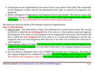 Edited & Compiled by: Prof. Krishnananda L, Dept of ECE, Govt SKSJTI Bengaluru Page 8
 A datagram can be fragmented by the source host or any router in the path. The reassembly
of the datagram is done only by the destination host, after it receives all fragments of a
datagram.
 When a datagram is fragmented, each fragment has its own header. The host or router that
fragments a datagram must change the values of three fields: flags, fragmentation offset, and
total length. The rest of the fields are copied from the original datagram.
We shall now look into fields of IPv4 Header related to fragmentation
Row 2 of the Header:
 Flags (3 bits): This field defines 3 flags. The leftmost bit is reserved (not used). The second
bit (D bit) is called the do not fragment bit. If its value is 1, the machine must not fragment
the datagram. If its value is 0, the datagram can be fragmented if necessary. The third bit (M
bit) is called the more fragment bit. If its value is 1, it means the datagram is not the last
fragment; there are more fragments after this one. If its value is 0, it means this is the last or
only fragment.
 Fragmentation Offset (13 bits): This field shows the relative position of this fragment with
respect to the whole datagram. It is the offset of the data in the original datagram measured
in units of 8 bytes.
 Fig 19.6 shows a datagram with a size of 4000 bytes divided into 3 fragments. The bytes in
the original datagram are numbered 0 to 3999. The first fragment carries bytes 0 to 1399.
The offset for this datagram is 0/8 = 0. The second fragment carries bytes 1400 to 2799; the
 