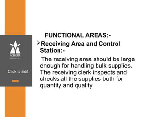 Click to Edit
FUNCTIONAL AREAS:-
Receiving Area and Control
Station:-
The receiving area should be large
enough for handling bulk supplies.
The receiving clerk inspects and
checks all the supplies both for
quantity and quality.
 